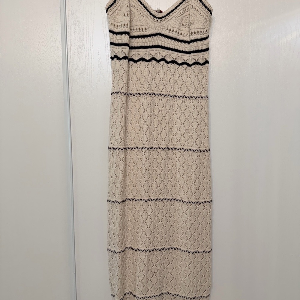 Stretchy Cream Knit Maxi Dress with Black Stripe Detail